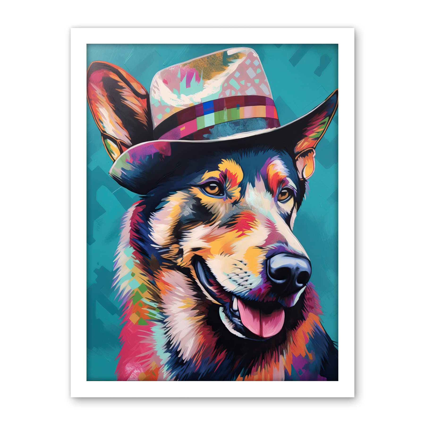 Artery8 German Shepherd with Fedora Hat Vibrant Portrait Artwork Framed Wall Art Print 18X24 Inch