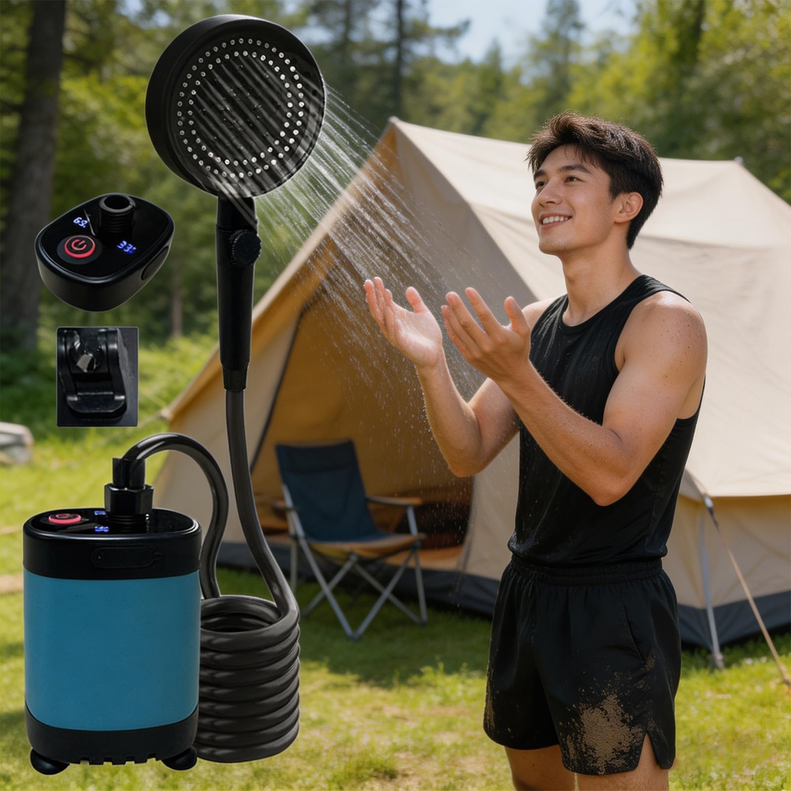 Doccia da campeggio ricaricabile USB compatta con display digitale ABS portatile elettrico per campeggio escursionismo spiaggia ad alta pressione all'aperto