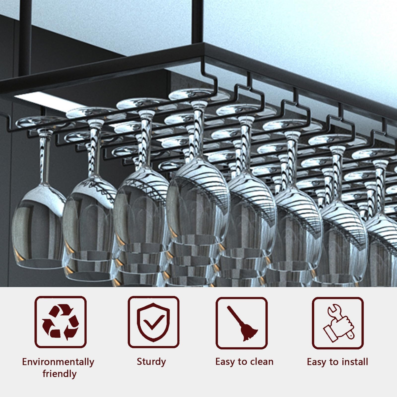 Support pour Verre à Vin Hauteur RéGlable, Porte-Verres à Pied Suspendu en Métal, Montage au Plafond Range Verre Suspendu Bar pour Famille, Restaurant, Hôtel, Bar (BN, 120x40x(30-60) cm)