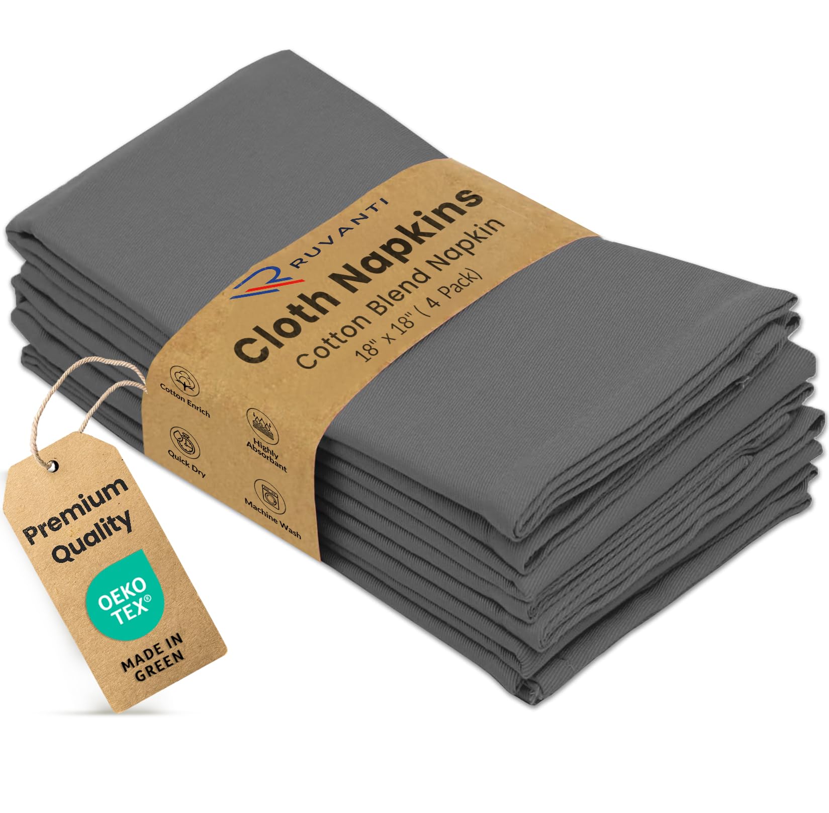 Ruvanti Cloth Napkins Set of 4, 18x18 Inches Napkins Cloth Washable, Soft, Durable, Absorbent, Cotton Blend. Table Dinner Napkins Cloth for Hotel, Lunch, Restaurant, Wedding Parties - Charcoal Grey
