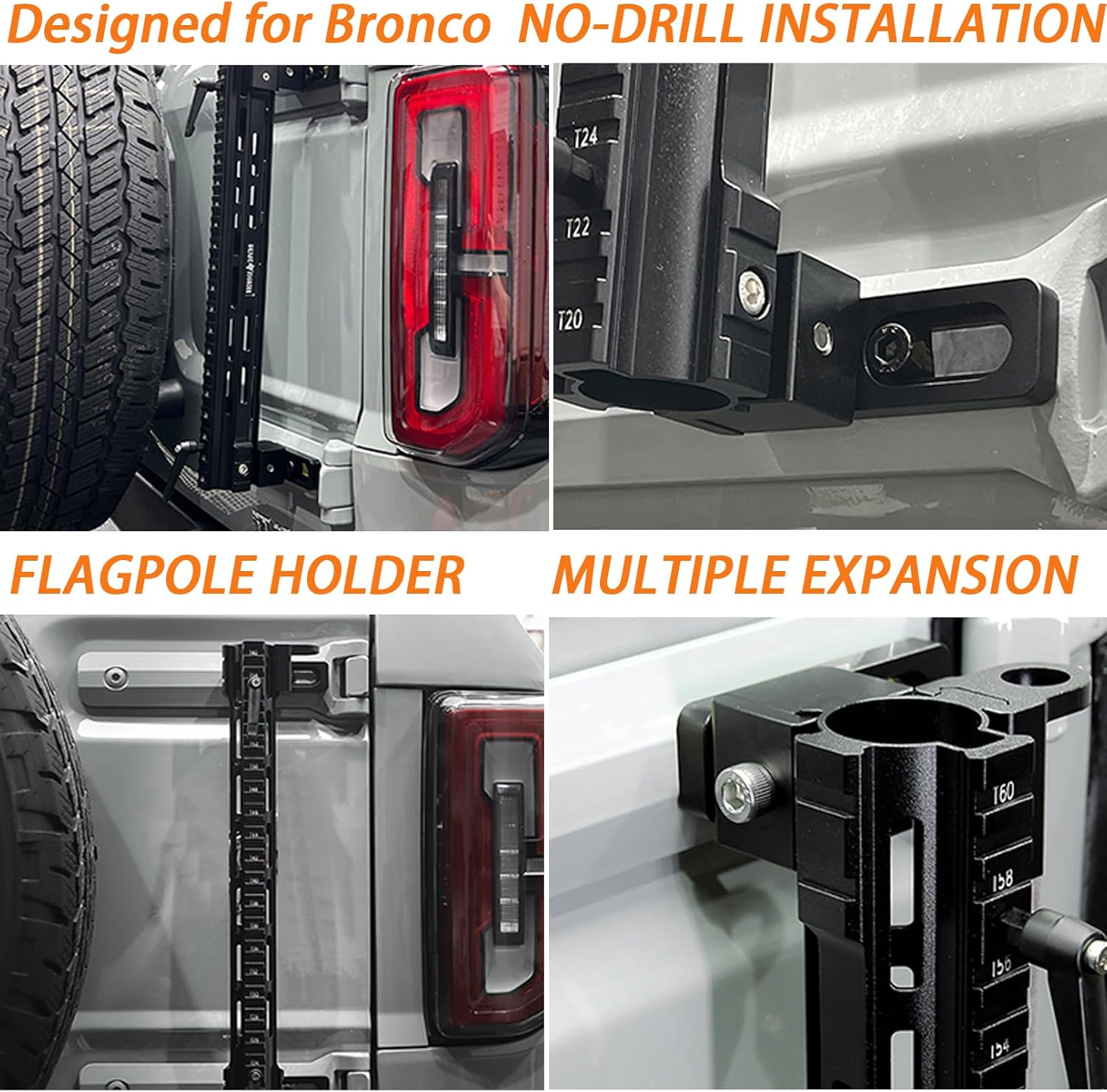 ITrims Flag Mount for Ford Bronco 2021 2022 2023 2024 2025 2/4 Door Exterior Accessories Tailgate Flagpole Holder Offroad CB/AM/FM Trail Sight Mount Car Shovel Holder Antenna Bracket Base (3-in-1)