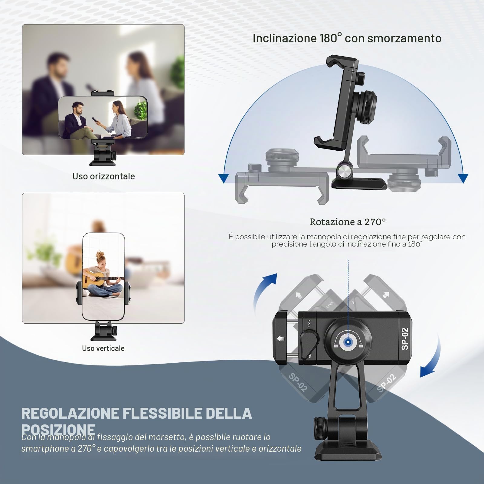 NEEWER Adattatore per treppiede, morsetto per cellulare con slitta flash, filettatura 1/4" 3/8", Arca tipo base, girevole a 360°, inclinazione di 180°, compatibile con iPhone 14 13 Pro Max Mini X Xs