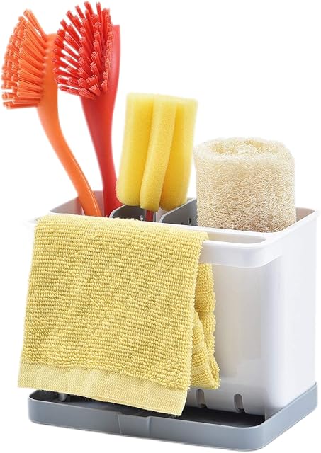 KINGRACK Sink Caddy, Kitchen Sponge Holder Soap Organizer Cloth Hanger, Multi-Purpose Sinkware Caddy for Kitchen Accessories with Drip Tray, Rust Proof for Dishwashing Tools, White