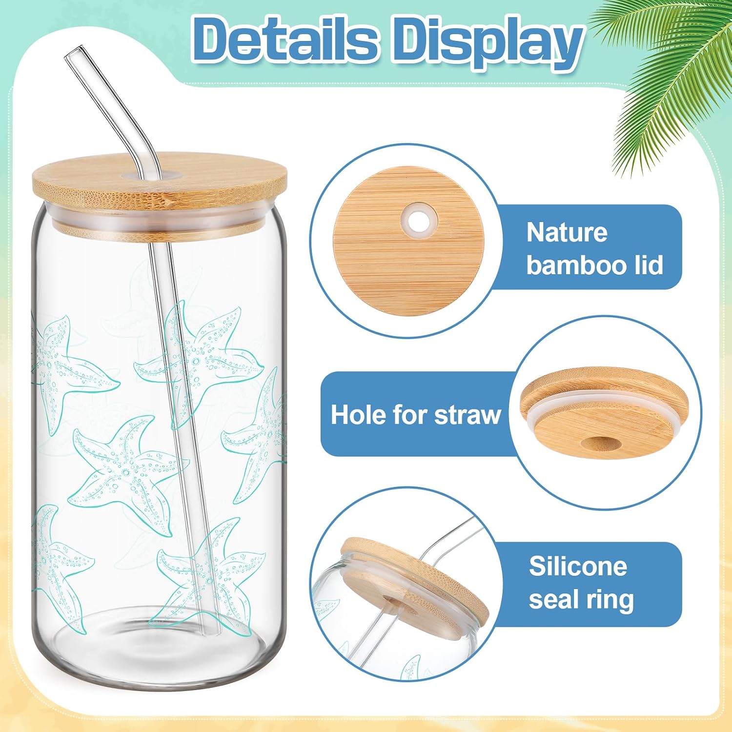 Reallnaive 4 Pcs 16oz Ocean Themed Gifts Beach Drinking Glasses Cup with Bamboo Lids and Straws Shell Sea Turtle Starfish Conch Coffee Glass Tumbler for Seashore Coastal Lovers Beach Party Gifts