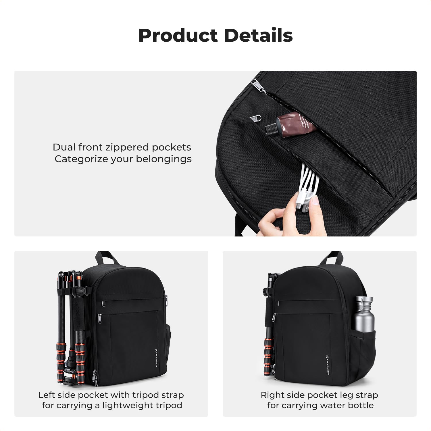 K&F CONCEPT Sac à Dos pour Appareil Photo Compact, sac photo avec housse de pluie, compartiment pour ordinateur portable, Sacoche pour reflex trépieds objectifs