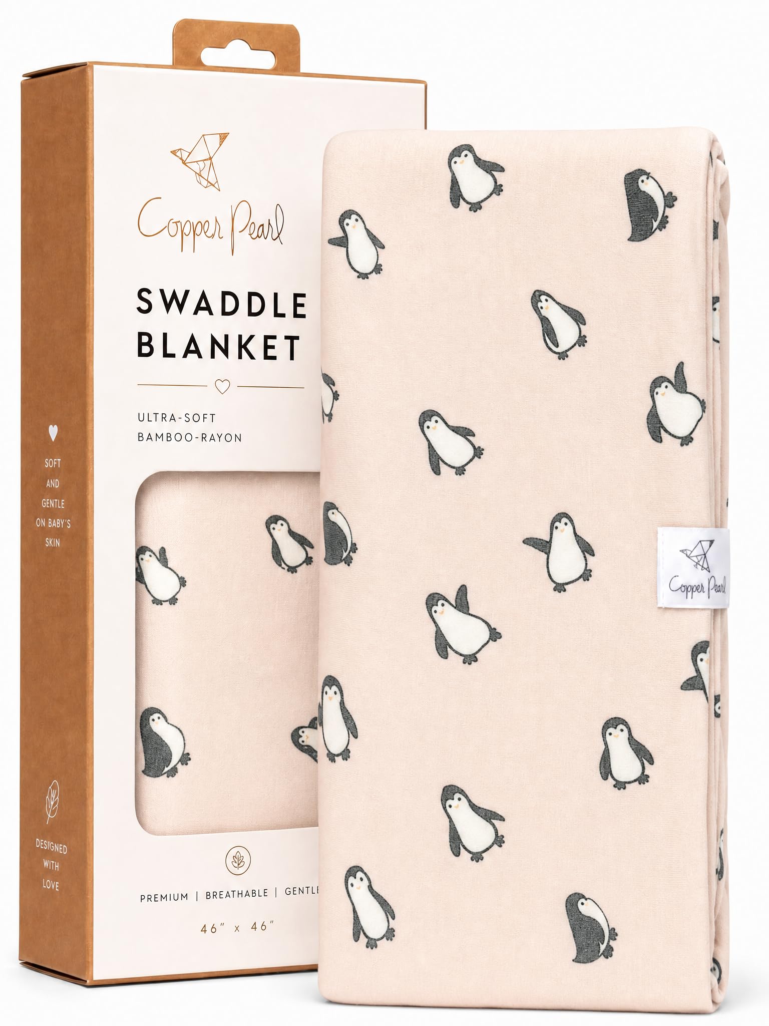Copper Pearl Swaddle Blankets for Newborns | Soft Stretchy Receiving Blankets for Boys and Girls | Large 46 x 46 Inch Baby Blankets | Lightweight and Breathable Swaddles | Penguins