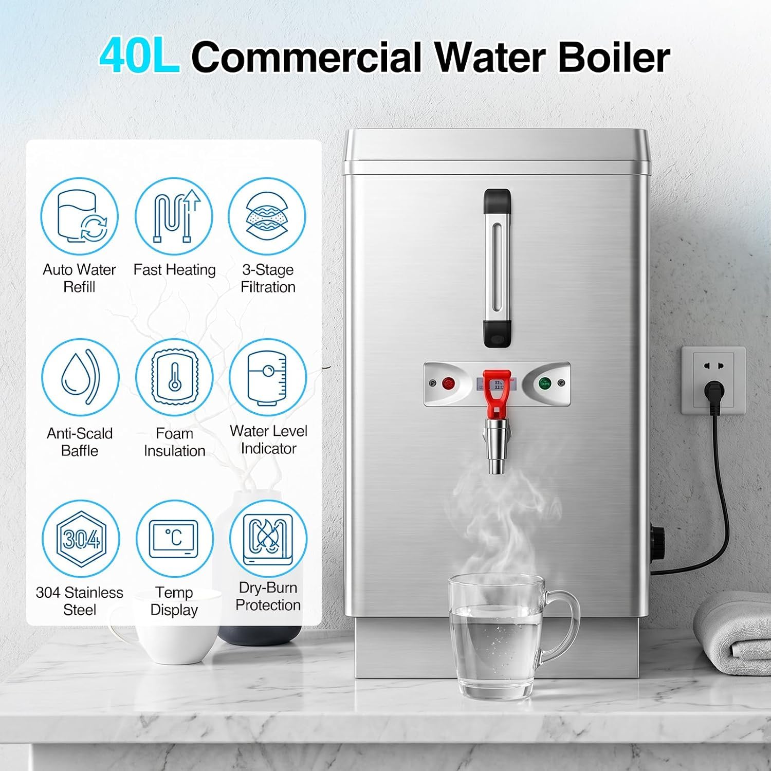 TYH Calentador De Agua Comercial De 40 litros, Dispensador De Agua Caliente Instantánea con Llenado Automático Y Grifo, con Doble Filtración, Termo De Acero Inoxidable