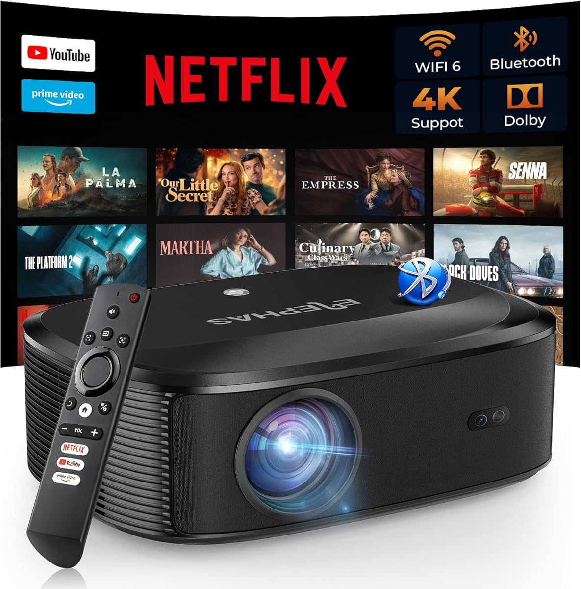 4K Projector with Wifi and Bluetooth, ELEPHAS Outdoor Movie Projector with NETFLIX/Prime Video/YouTube Built-in, 100,000+ Apps Supported, Video Projector Compatible with HDMI/USB/iOS/Android/Windows