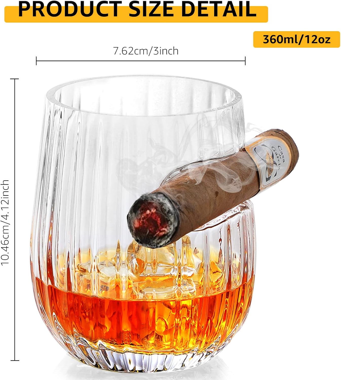 Cigar Whiskey Glasses with Cigar Holder-Set of 2,Old Fashioned Whiskey Glass With Indented Cigar Rest Crystal Whiskey Glasses Gift, Gifts for Men(12oz) - Image 2