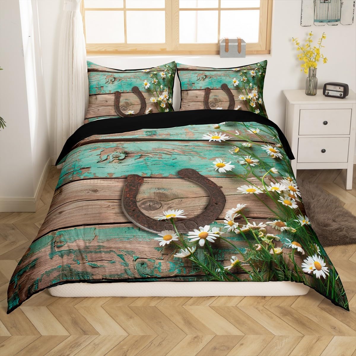 Rustic Farmhouse Bedding Set Teal Country Wooden Barn Door Duvet Cover Queen Western Horseshoe Daisy Decor Comforter Cover For Kids Boys Girls Teen Cowboys Cowgirls Quilt Cover With 2 Pillow Cases