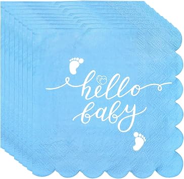 100pcs Blue Baby Shower Napkins, Scalloped Hello Baby Cocktail Napkins 2 Ply Disposable Napkins Decorative Neutral Dinner Napkins for Baby Boy Birthday Gender Reveal Party Decorations
