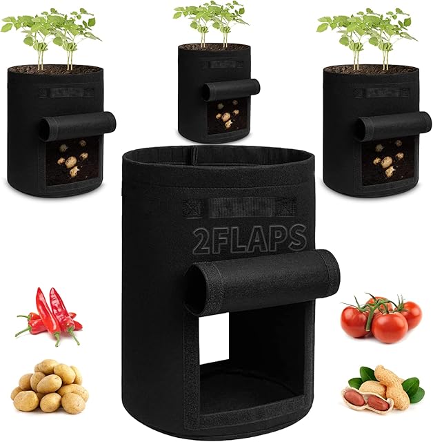 LYFETC Potato Grow Bag 4Pack 15Gallon Vegetable Grow Plant Bags with 2 Flip windows and Handles Grow Bags Nonwoven Fabric Planting Pots for Plant, Potato, Tomato, Carrot, Onion(Upgraded Version)