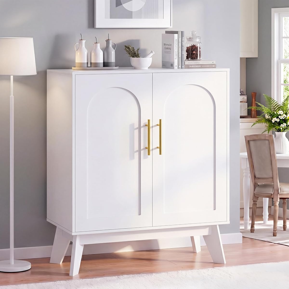 Modern Buffet Cabinet with Storage, Sideboard Storage Cabinet with Arched Doors, Solid Wood Legs & Adjustable Shelf, Coffee Bar Cabinet for Kitchen, Living Room, White