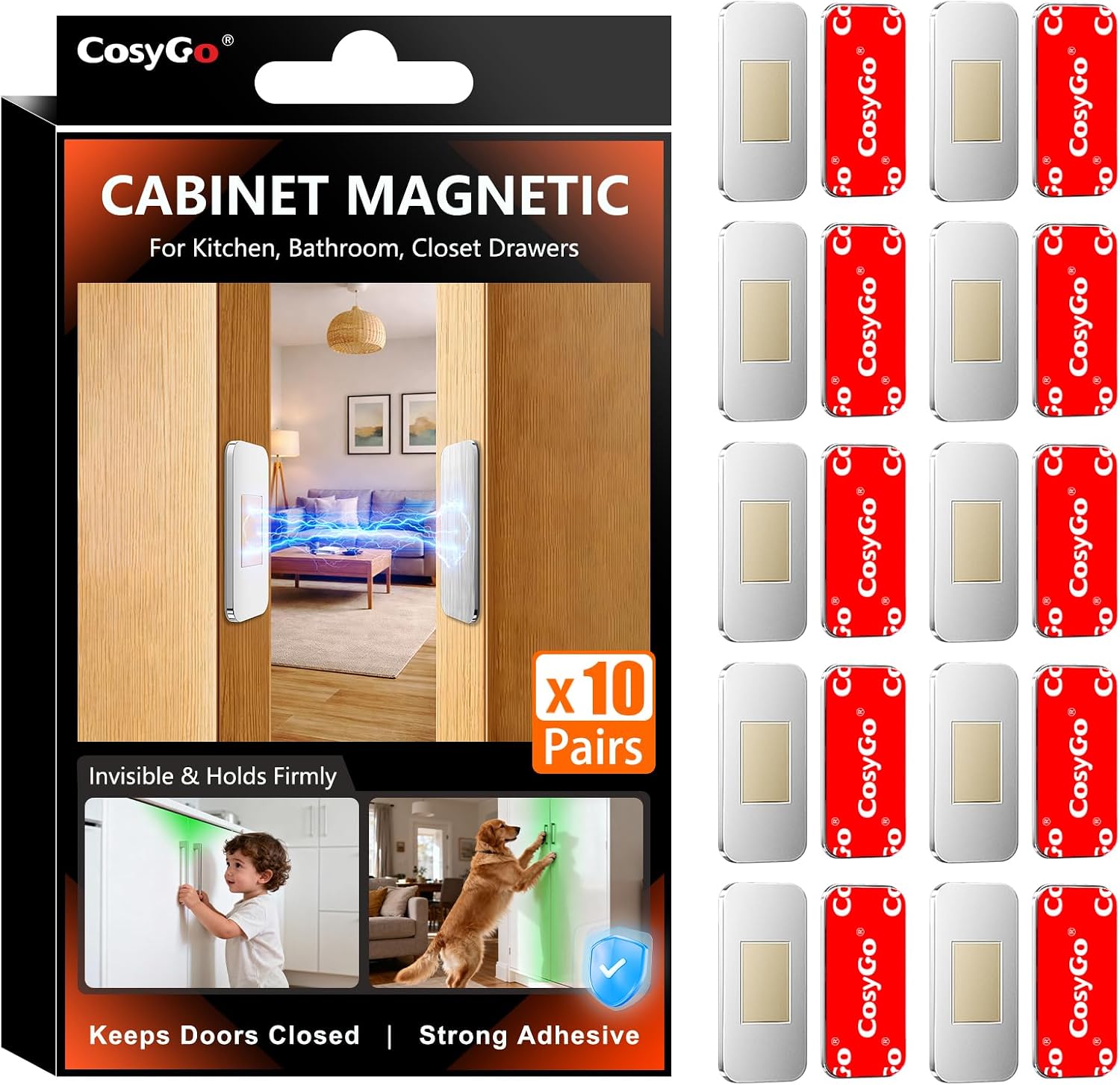 10Sets Extra Strong Magnetic Cabinet Door Catch, No-Drill Invisible Ultra Thin Magnets for Cabinet Door Closure, Drawer Magnets with Strong Adhesive to Stay Closed