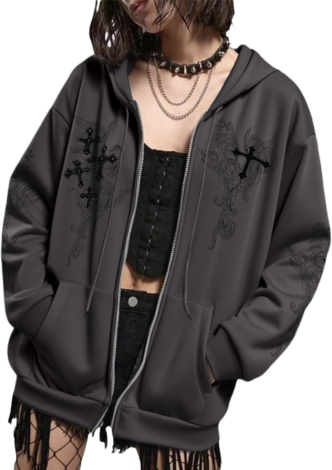 Zip Up Hoodies Y2k Jacket Graphic Gothic Jackets Grunge Cross Hoodie Baggy Streetwear Emo Sweater Aesthetic Clothes - Image 2