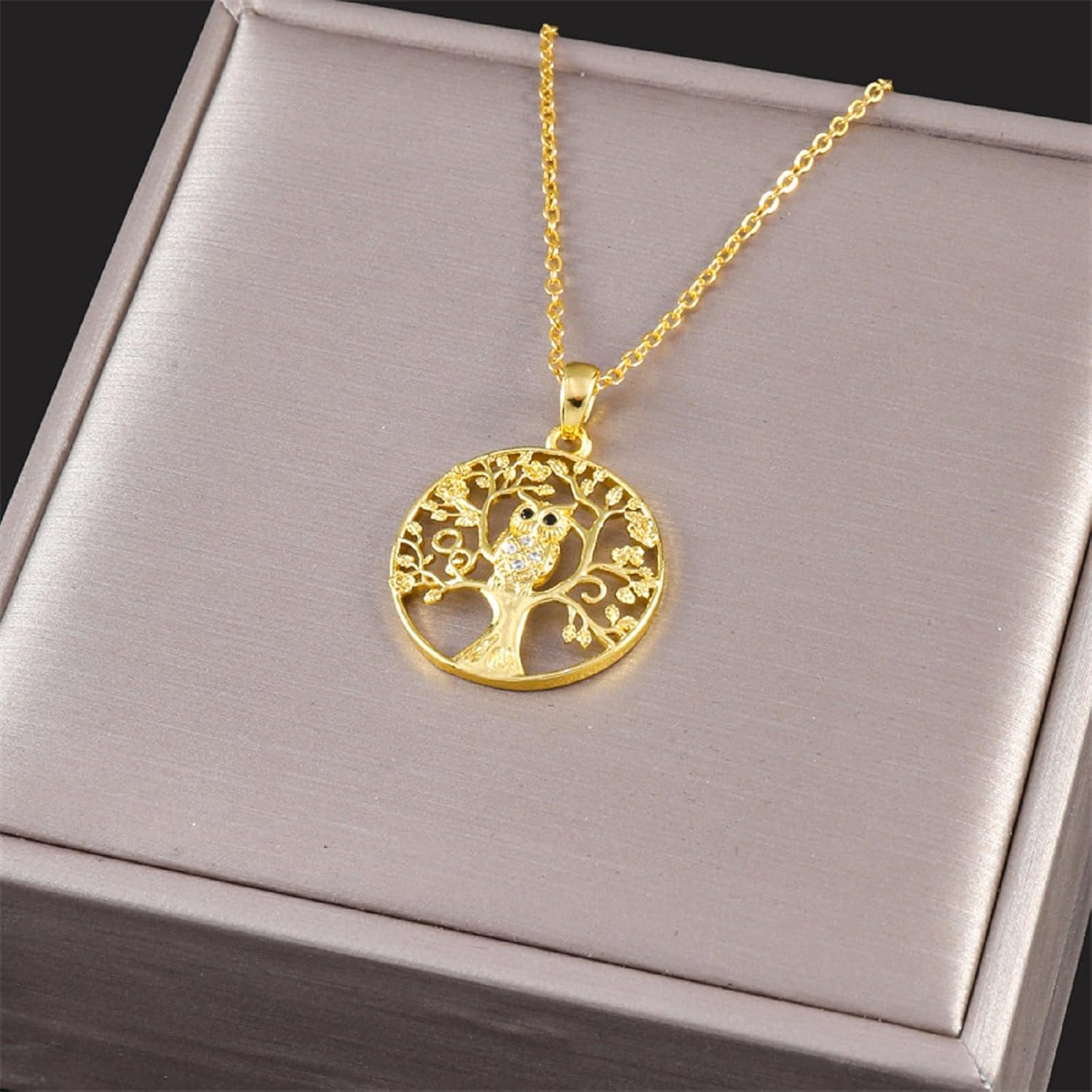 Gold Owl Necklace for Women Cute Tree of Life Pendant Necklace Vintage Bird Tree Crystal Choker Chain Necklace Mother's Day Jewelry Present - Image 4
