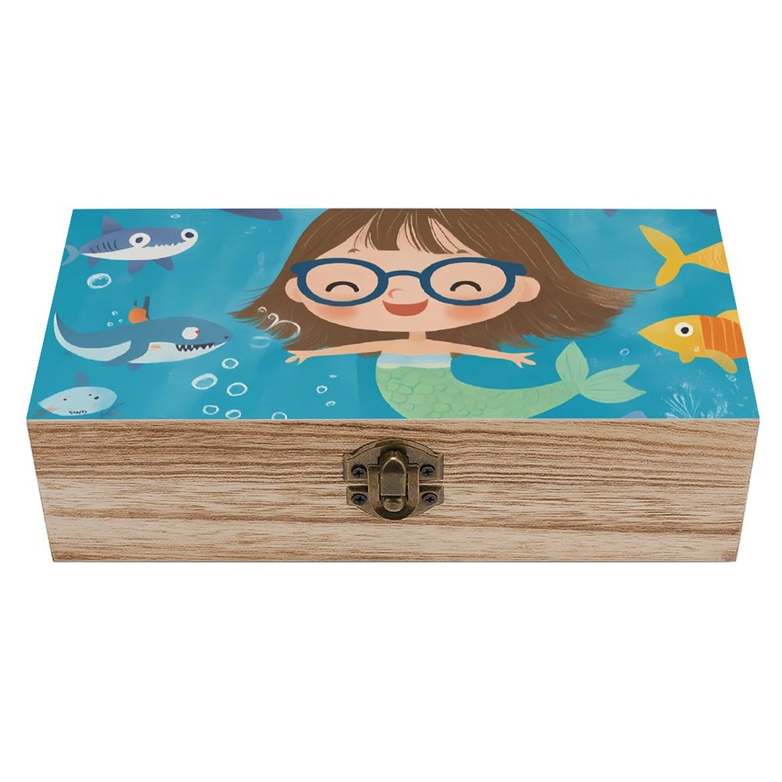 HLBSDM Cartoon Mermaid & Shark Retro Wooden Storage Box Jewelry Art Gift Boxs Decorative Keepsake Boxes