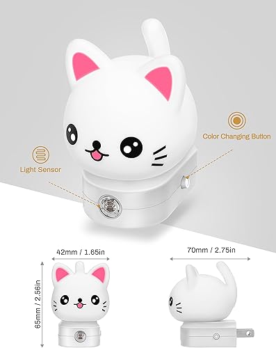Miniatura 7 de Luces nocturnas de gato enchufables a la pared 2 unidades, bonita luz nocturna para niños, luz nocturna LED RGB de 8 colores, luz nocturna con