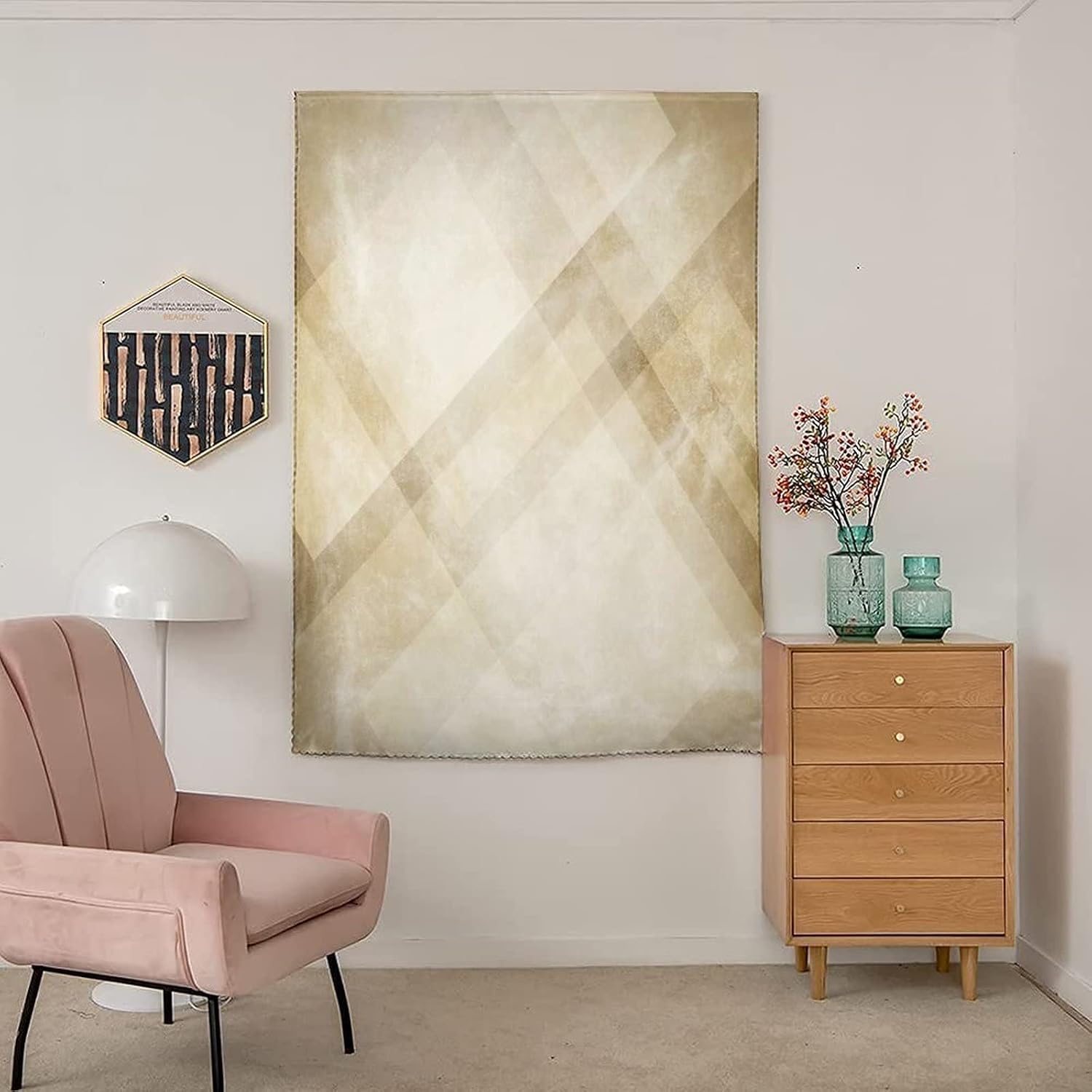 Self Adhesive Portable Blackout Curtains, Tan Room Darkening Curtains, Striped Vintage Faded Squares and Angled Lines Modern Print Temporary Blackout Blinds,47W x63L Inches, for Bathroom Bedroom