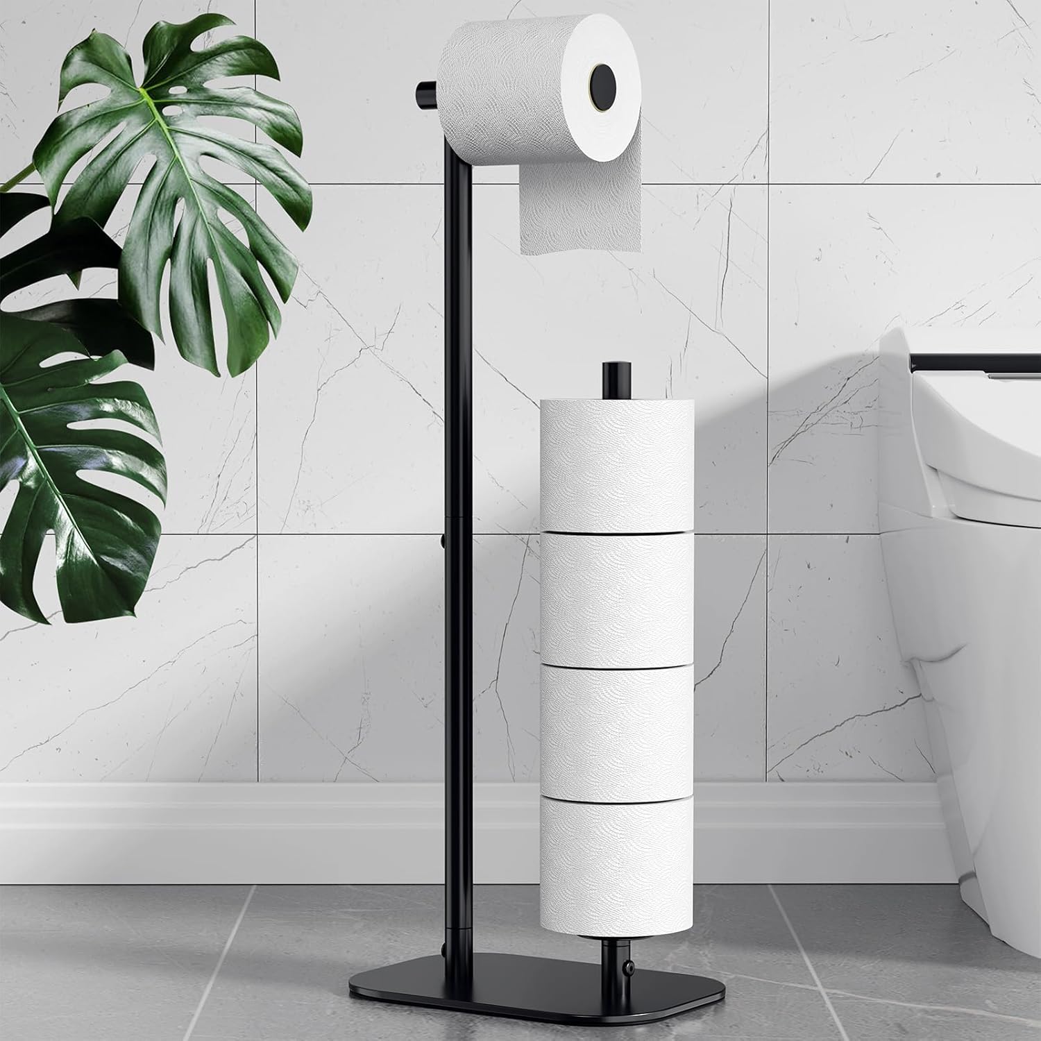 Kitsure Toilet Paper Holder Free Standing - Large Capacity Toilet Paper Holder for 4 Rolls, Rustproof Toilet Paper Stand with Non-Slip Stable Base, Black, 2 Pack