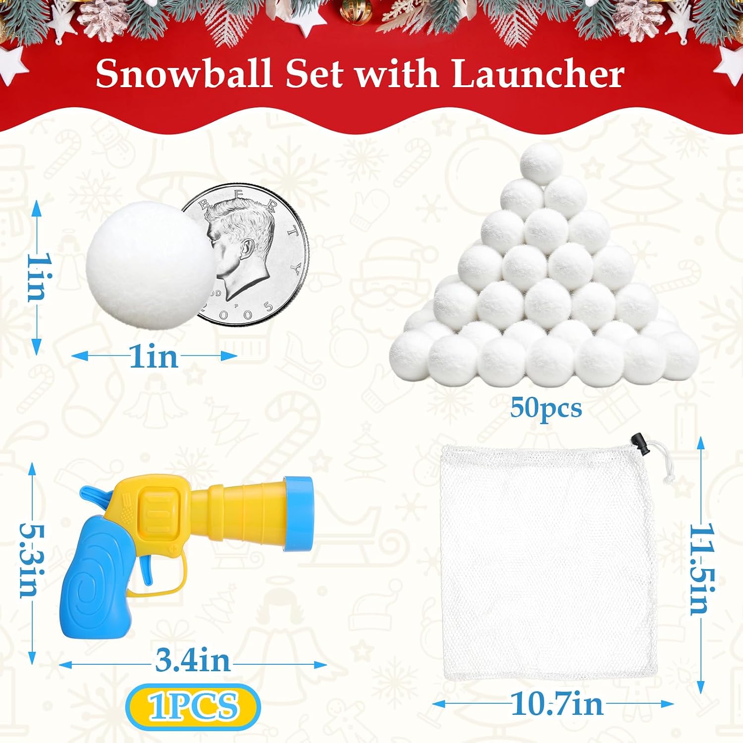 Vodolo 50 PCS Fake Snow Balls for Fights Indoor with Launcher,Soft Artificial Indoor Snowball Fight Set with Snow Bag,Winter Activities Vacation Essentials Christmas Games
