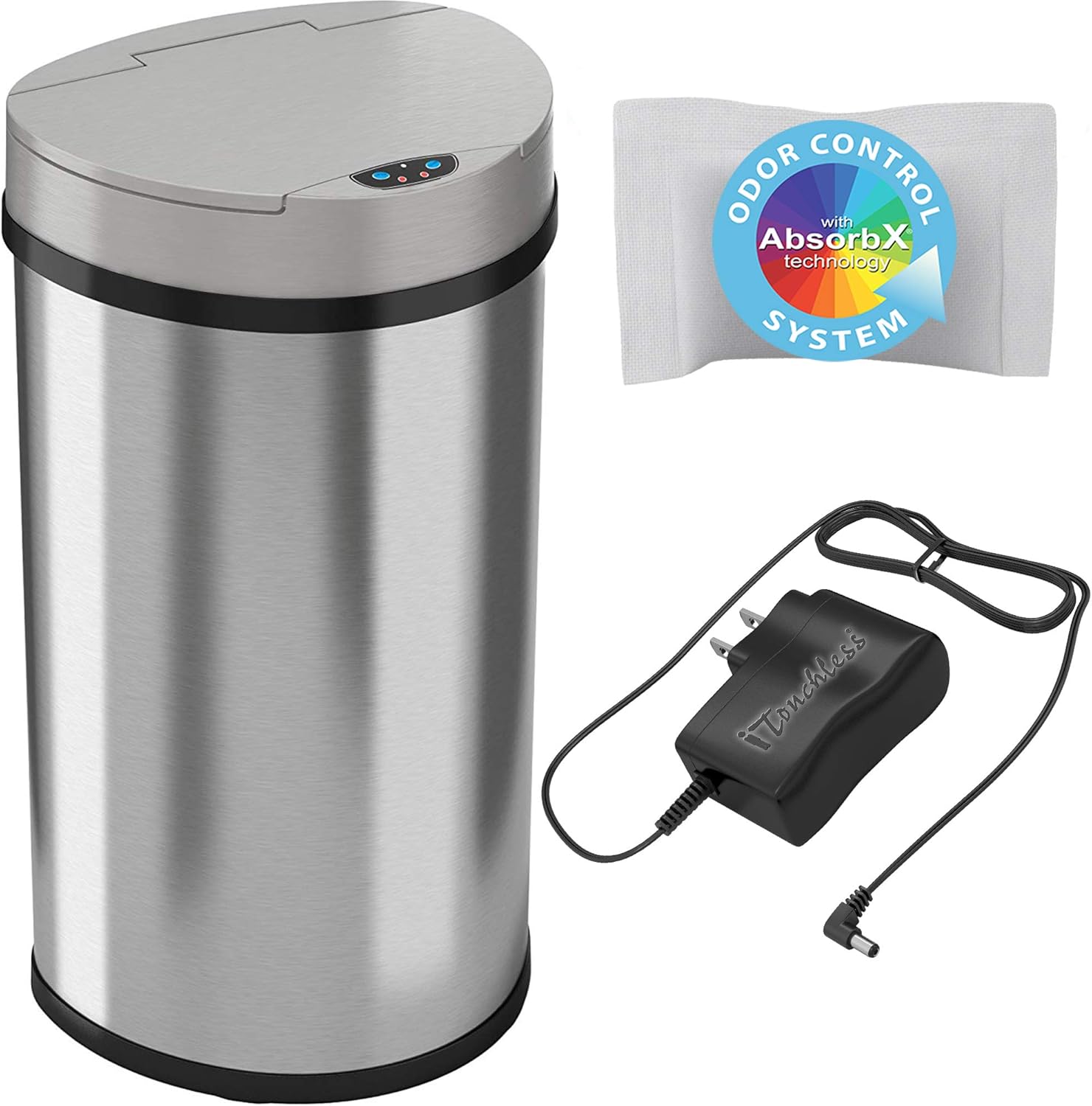 Exсluѕіvе iTouchless 13 Gallon Semi-Round Extra-Wide Opening Sensor Touchless Trash Can with AC Adapter and Odor Control System, Stainless Steel Silver Garbage Bin