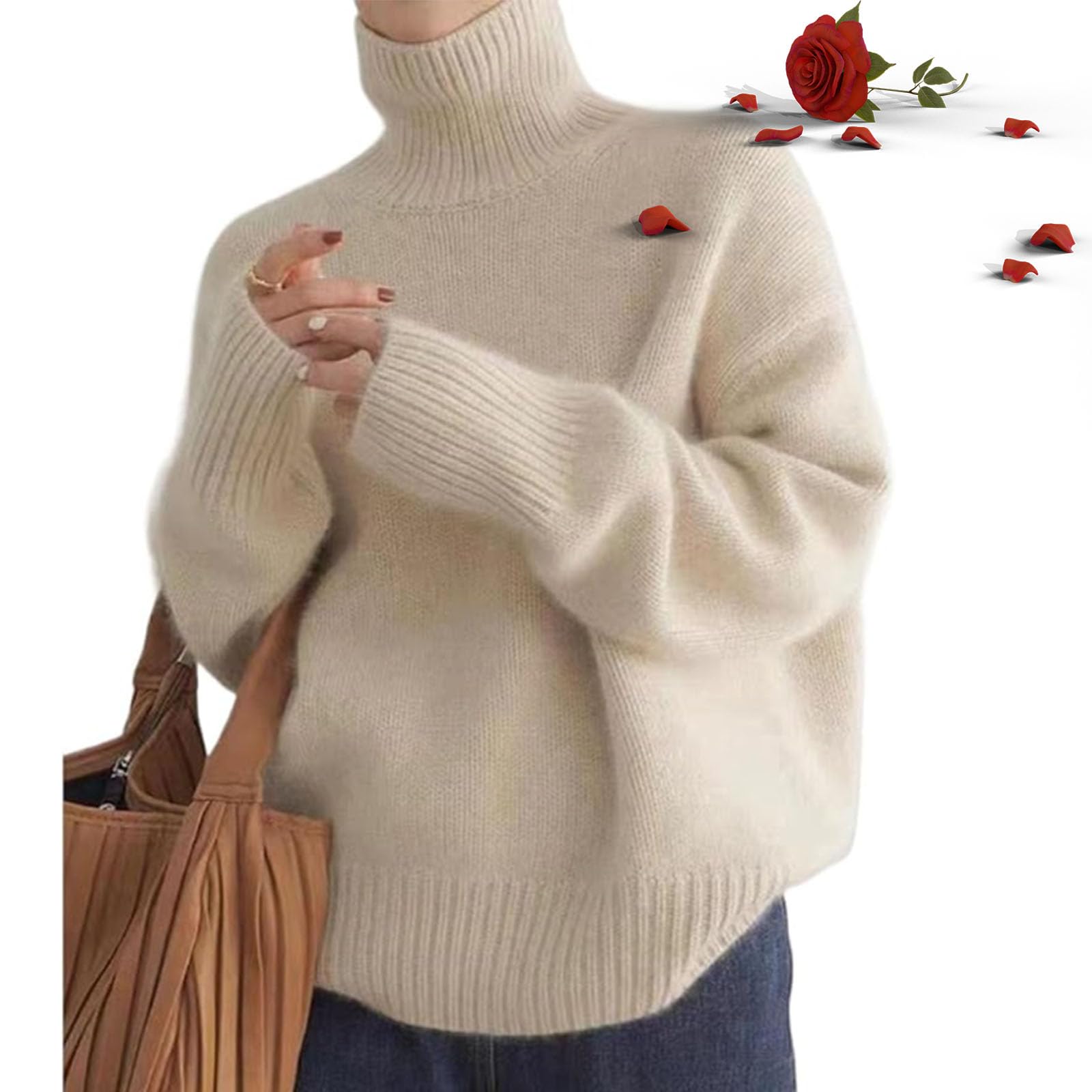 POIOZXD Cashmere High Neck Sweater Women's Oversized Cashmere Turtleneck Sweater, Warm Knitted Jumpers Ladies Cozy Soft Turtleneck Sweaters (Beige,L(50-55kg))