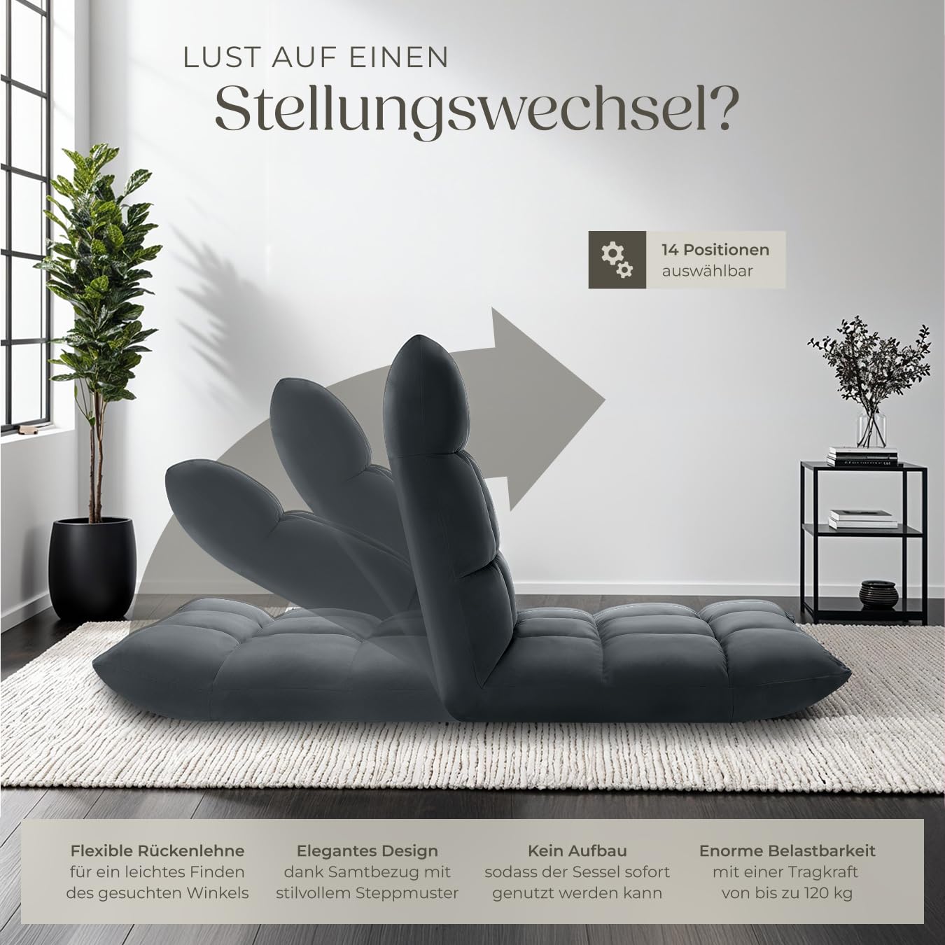 tectake® Relaxsessel, XXL Bodenstuhl faltbar mit Liegefunktion, Bodensessel mit Verstellbarer Rückenlehne, nutzbar als Sessel, Sitzkissen, Bodenkissen, Relaxliege oder für Meditation (grau)