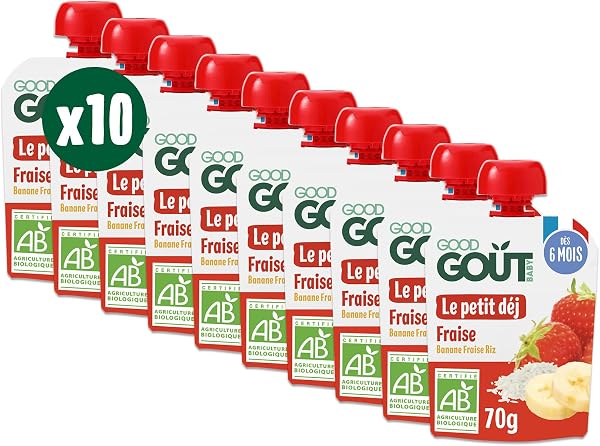 GOOD GOÛT - Petit Déj Fraise - Gourde Pour Bébé - Dès 6 Mois - Format Nomade - Sans Sucres Ajoutés - 10x70g - 1
