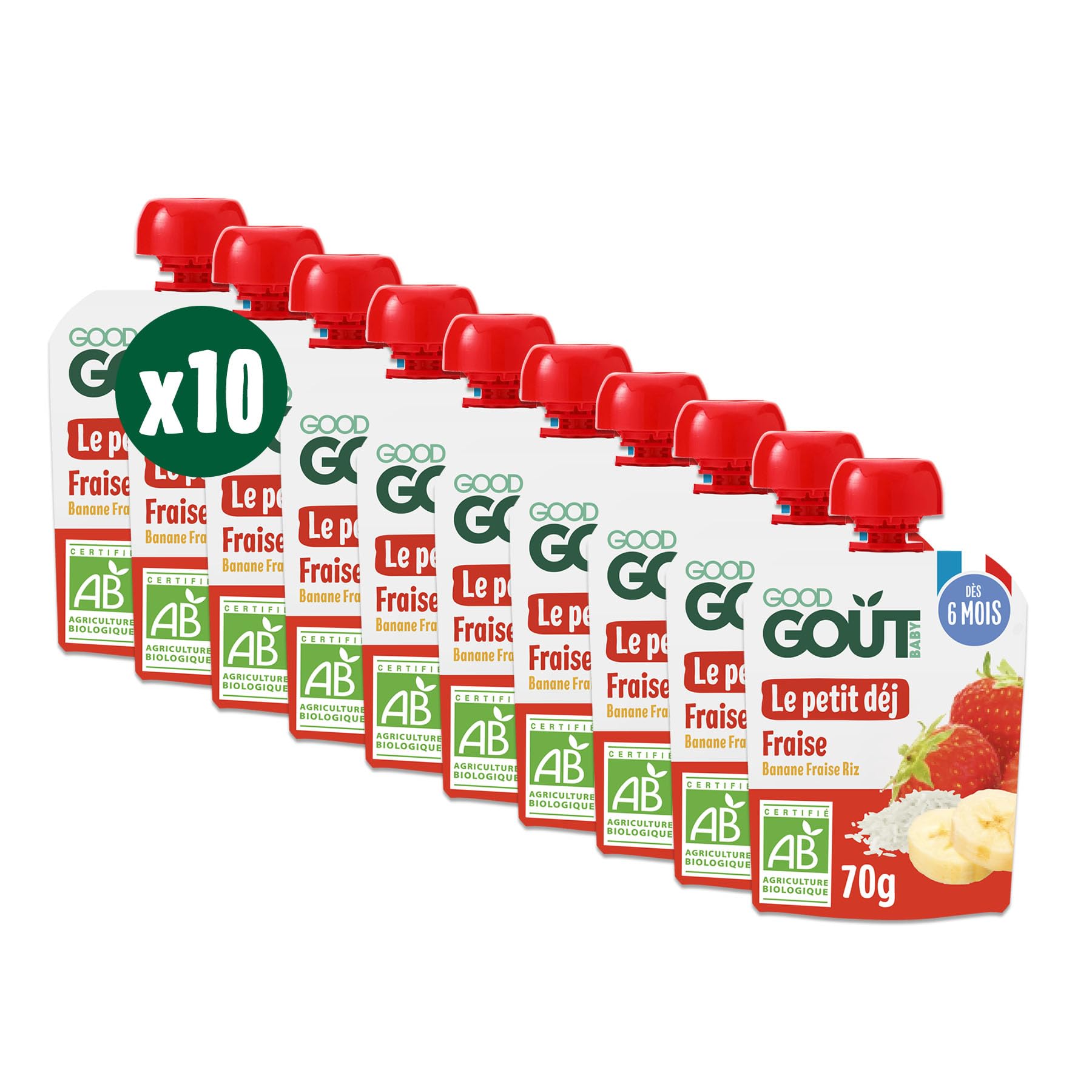 GOOD GOÛT Petit Déj Fraise Gourde Bébé Dès 6 Mois Sans Sucres Ajoutés 10x70g