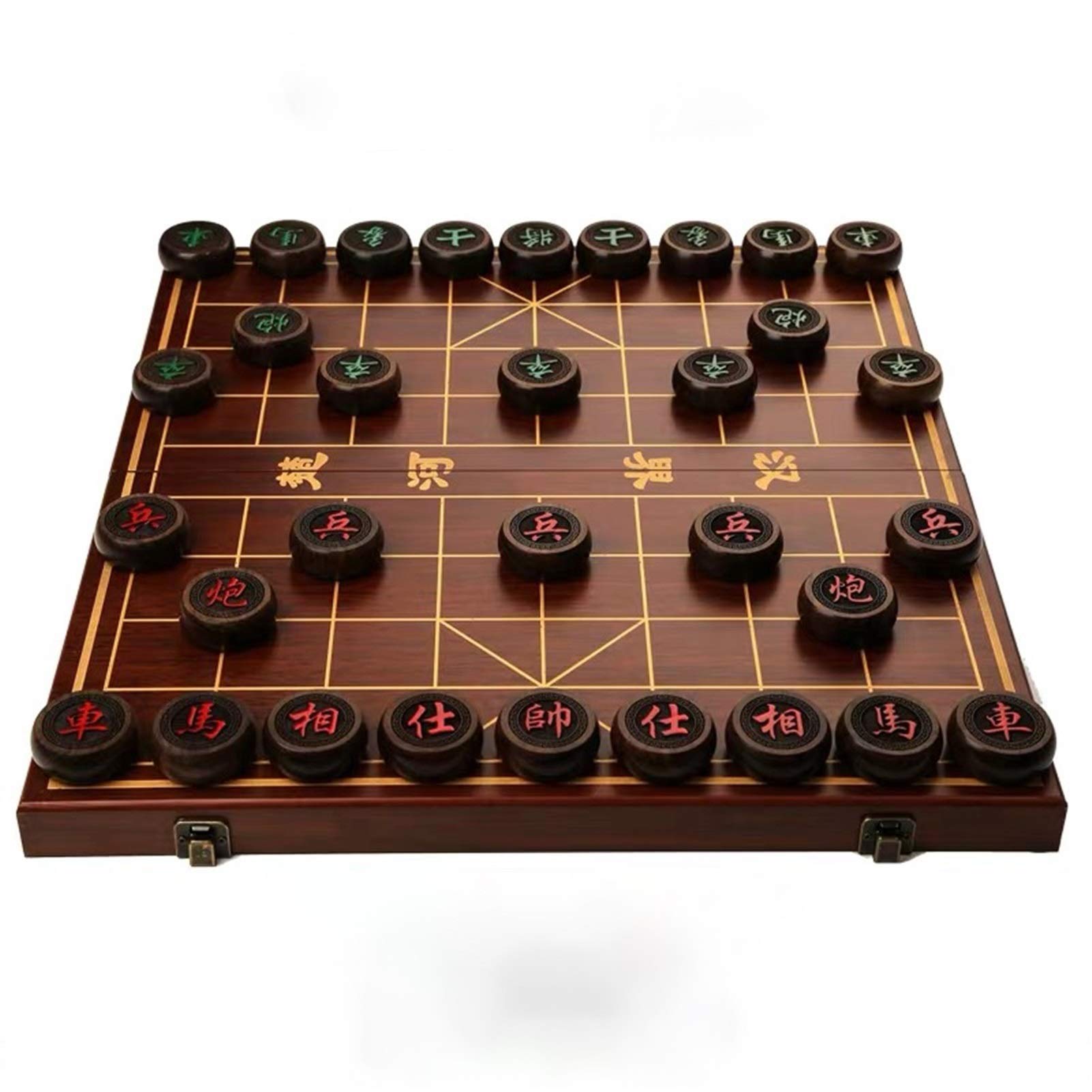 Chinesisches Schach mit klappbarem Schachbrett, chinesisches Xiangqi, tragbare Reisespielsets, Lasergravur und Schachbrett und Figuren mit Golddurchzeichnung(Ebony,S)