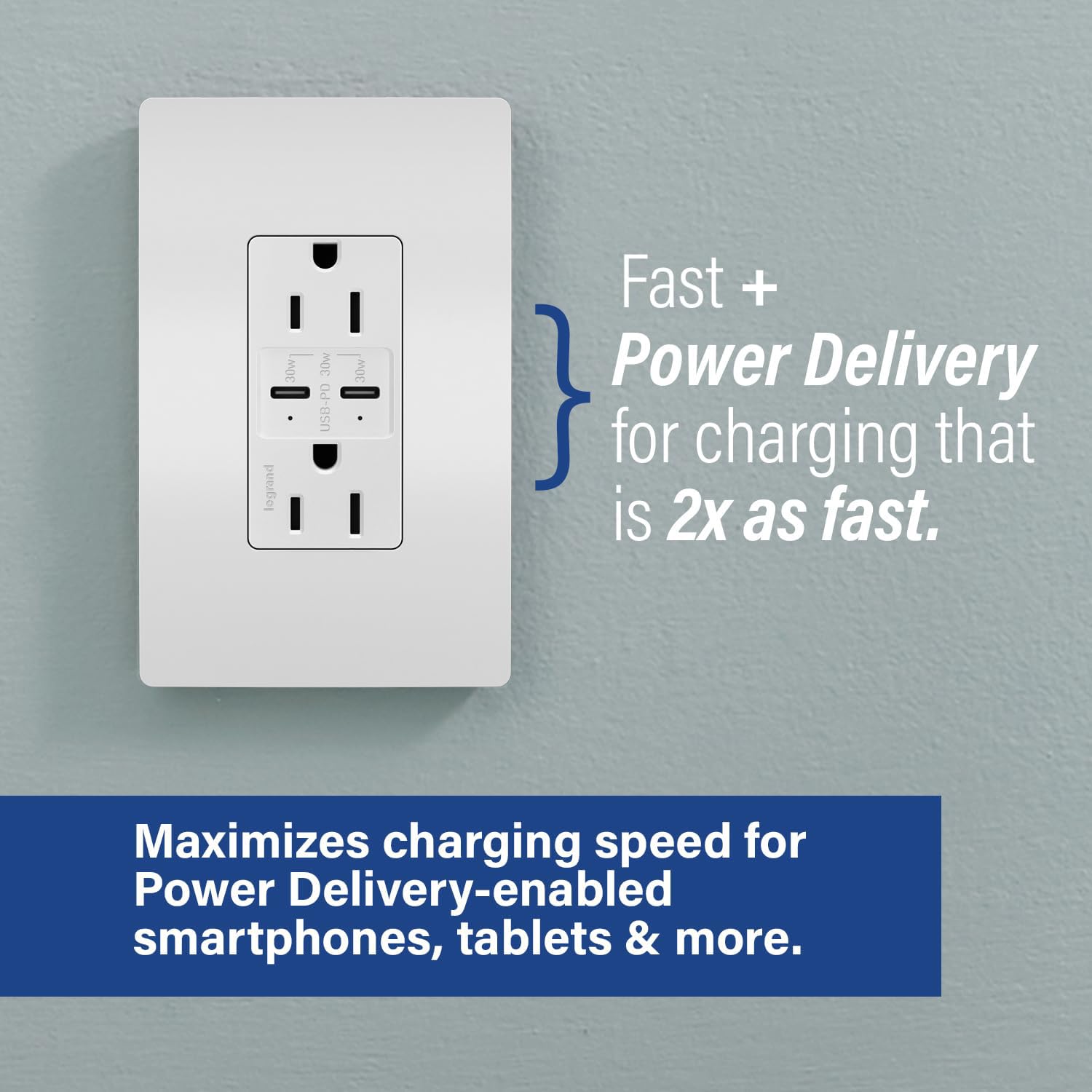 Legrand Radiant R26USBPDW 15 Amp Tamper-Resistant Decorator Duplex Receptacle Outlet with Fast USB C/C 6.0A Charging Ports Plus 30W Power Delivery, White with Screwless Wall Plate