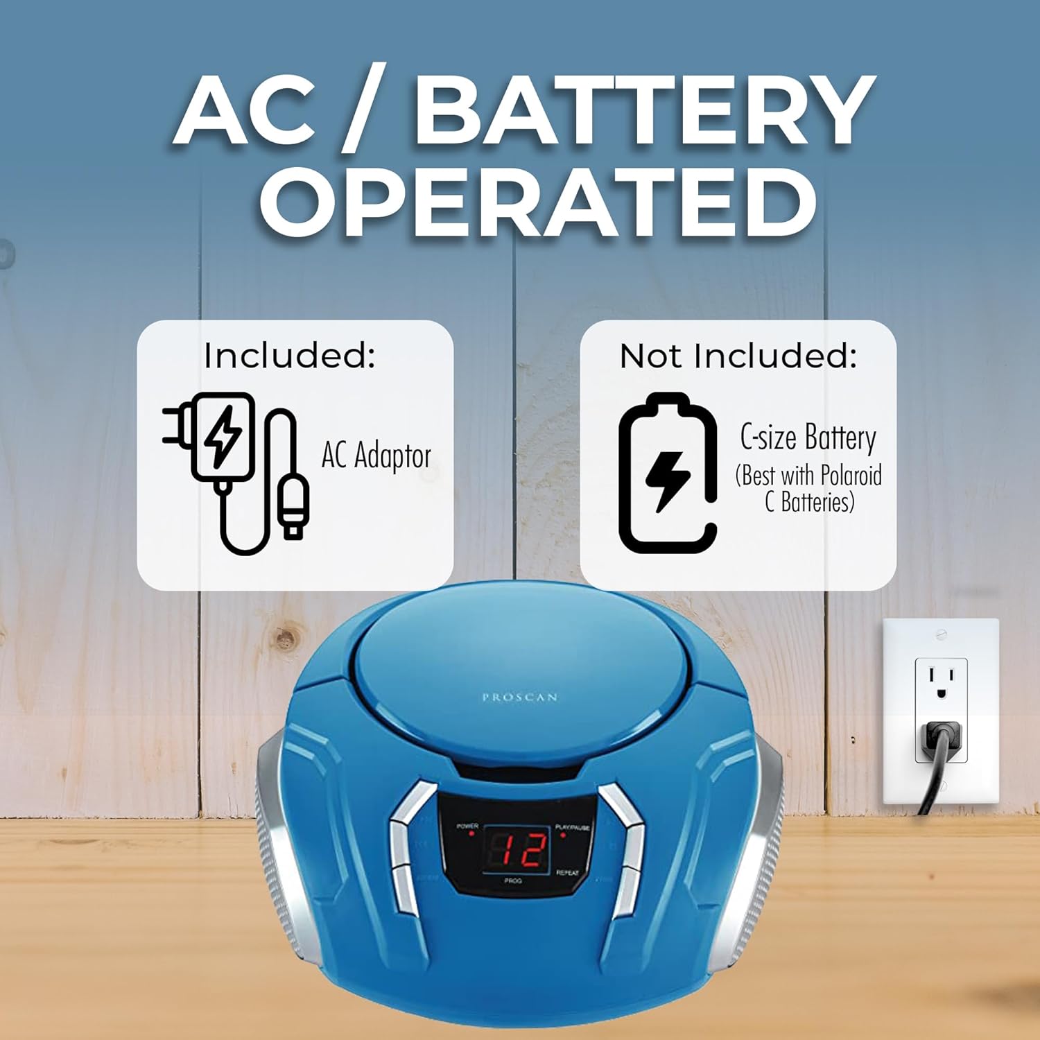 SYLVANIA PROSCAN Elite Portable CD Player Boombox showing AC adapter and C-size battery compartment
