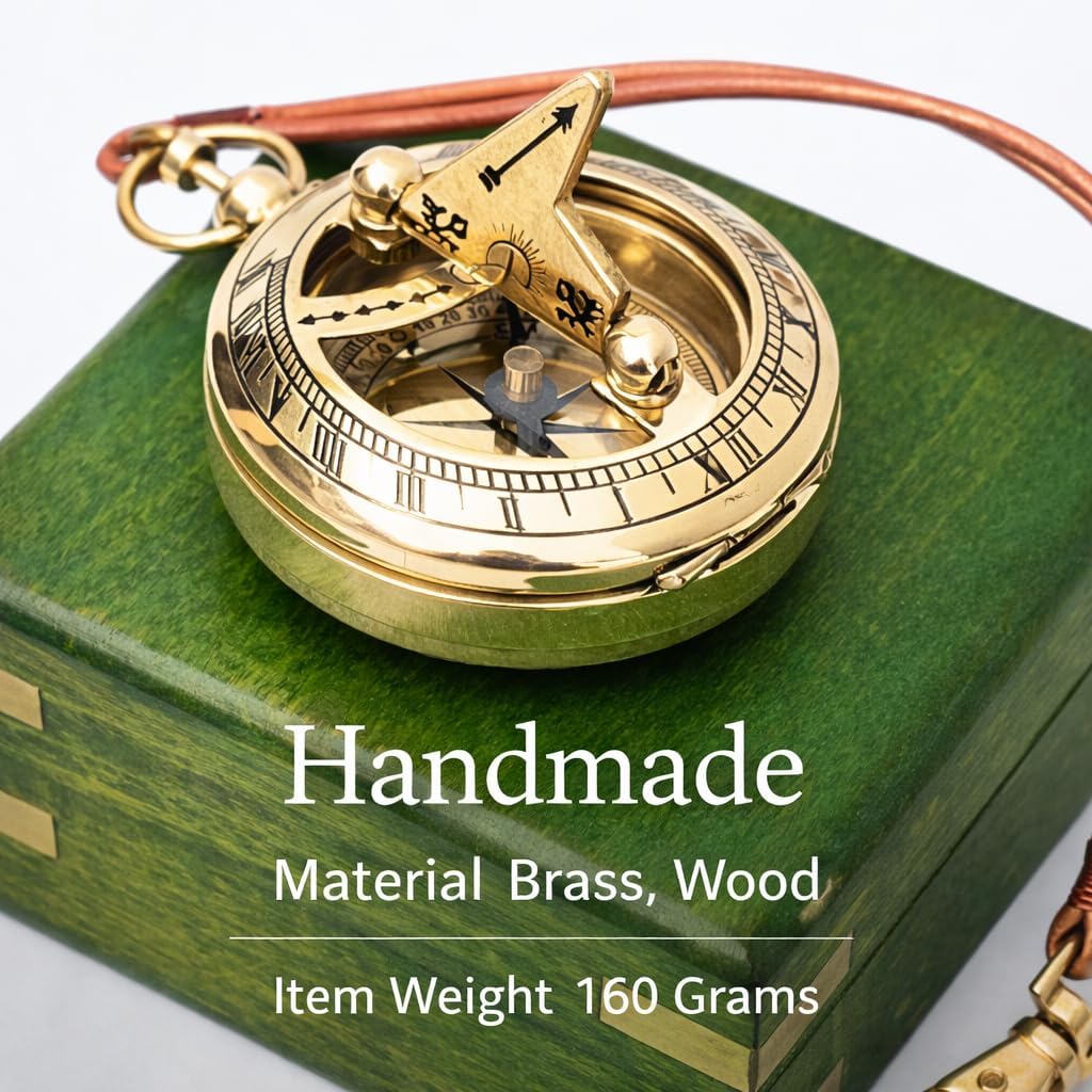 Vintage Handmade Brass Sundial Compass Antique Push Button Nautical Marine Replica for Navigation, Hiking, Camping, Pirate Ship Decor & Collector Gift