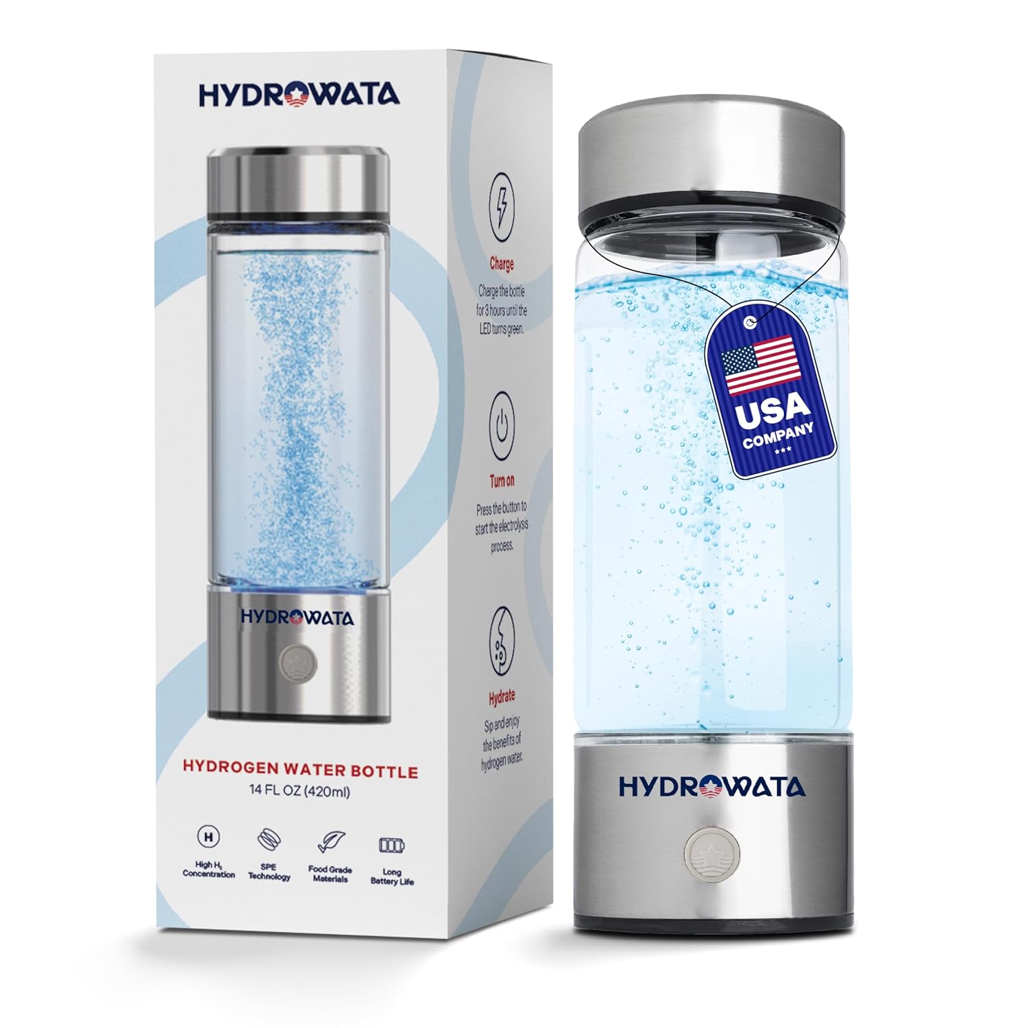 HydroWata, Hydrogen Water Bottle, Hydrogen Water Generator with Advanced SPE PEM Technology, 420ml(14OZ) Hydro Water Machine, Portable Water Ionizer for Office, Travel, Fitness & Everyday Hydration