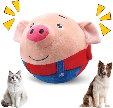 Jiexily Interactive Dog Toys, 2025 New Active Moving Pet Plush Toy, Squeaky Moving Ball Puppy Toys, Rechargeable Cartoon Plush Bounce Talking Toys to Keep Them Busy Red Pig