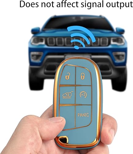 Miniatura 6 de Funda para llavero de jeep con llavero de metal, carcasa de llave dorada de TPU suave de 5 botones, compatible con llave de automóvil Grand Cherokee