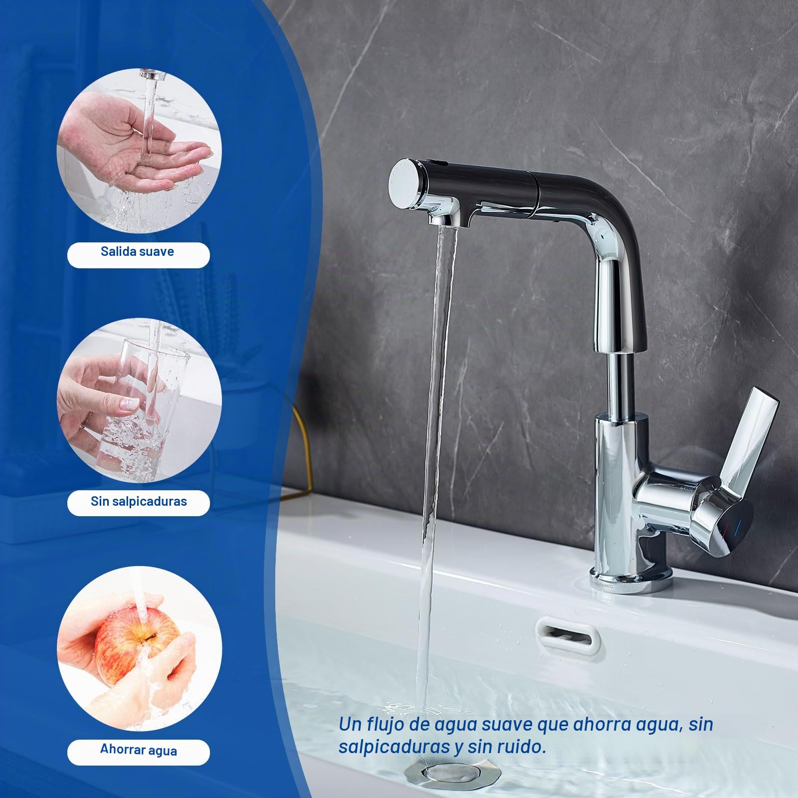 Grifo Lavabo Extraible Ducha con LED Temperatura, 3 Modos Salida Agua | Mezclador de Lavabo Baño, Grifos Monomando, Apto Para Fregadero de Encimera, Aireador Extraíble, Agua Fría y Caliente,Cromado