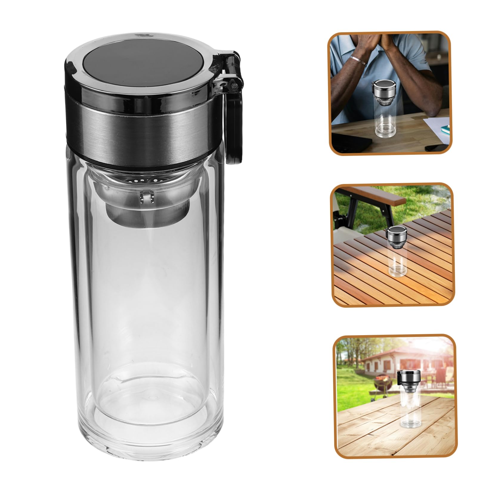 Luxshiny Doppelwandiger Glasbecher mit Henkel und Siebdeckel 240ml Teesiebbecher aus Glas für Büro und Unterwegs Tea Infuser Glass