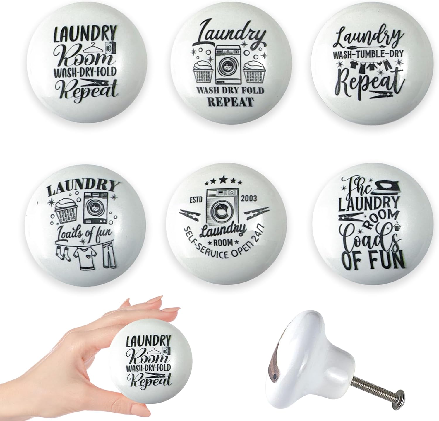 Set of 6 Ceramic Vintage Laundry Room Cabinet Drawer Knobs Black and White Furniture Cabinet Handles or Pulls 1.5 x 1.5 Inche