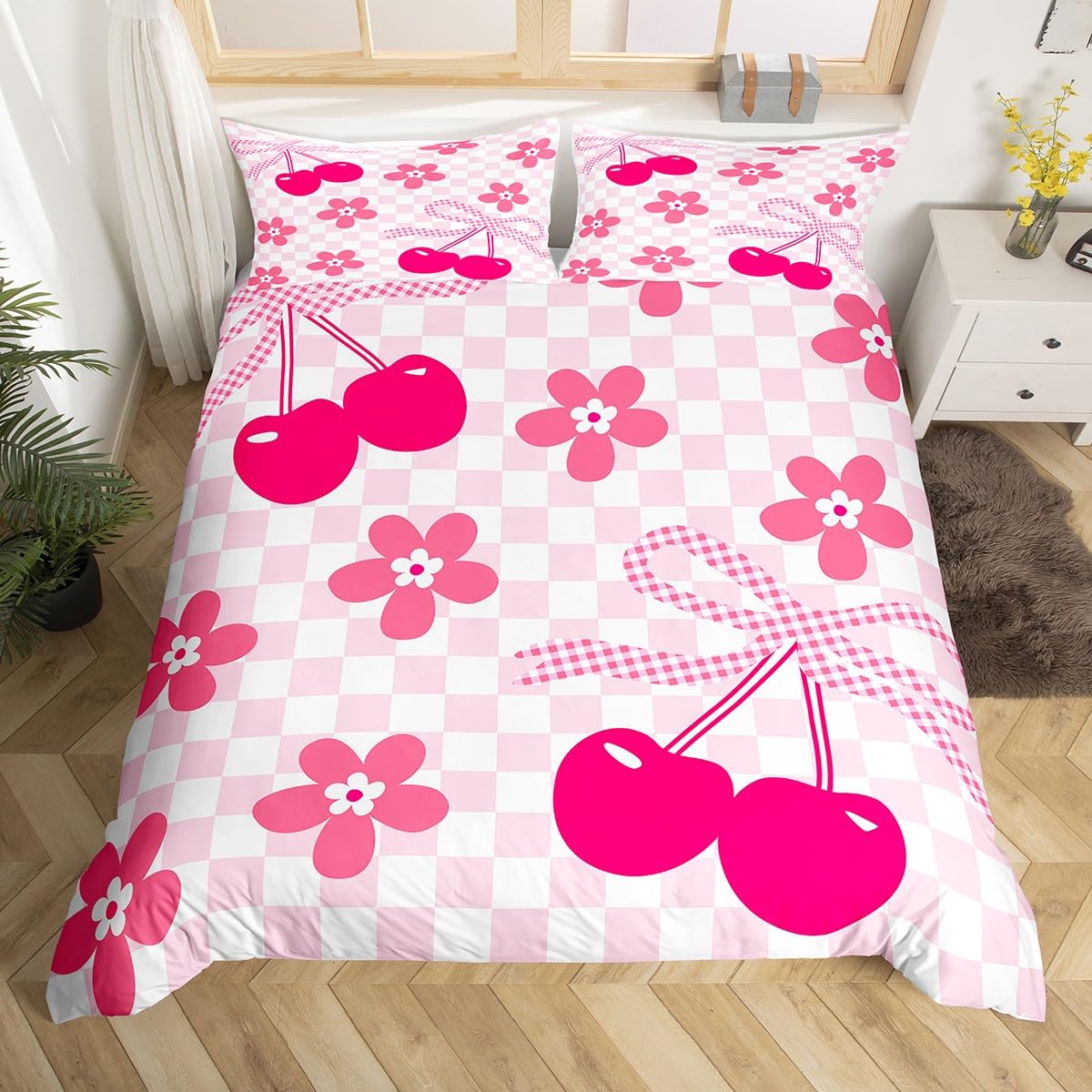 Groovy Vintage Floral Bedding Set Double,Plaid Bowknot Bed Set for Kids Girls Teens,Cherry Blossom Duvet Cover,Girls Pink White Patchwork Quilt Cover with Zipper Closure — image 1