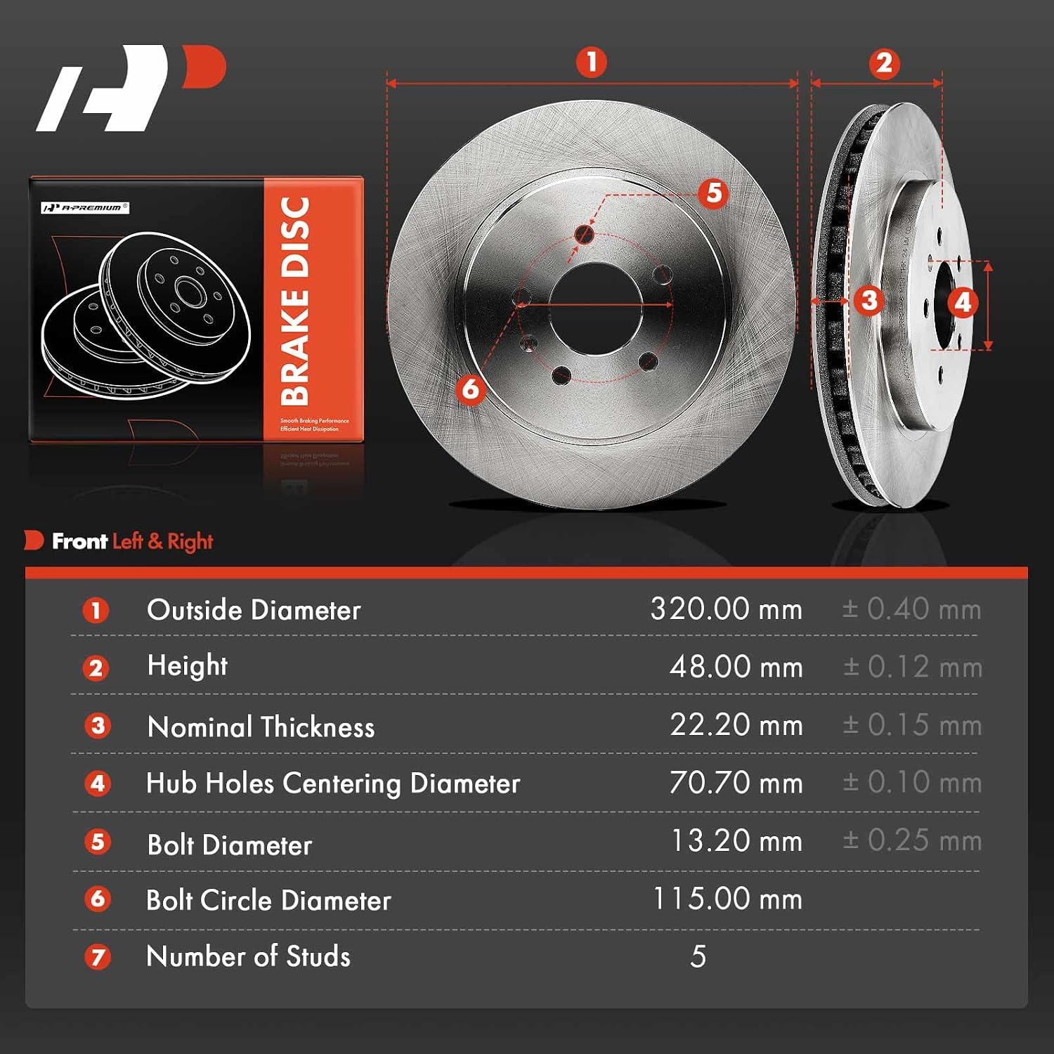 A-Premium 12.60 inch (320mm) Rear Vented Disc Brake Rotors Compatible with Select Cadillac Models - CTS 2006-2007, STS 2005-2011, 2-PC Set