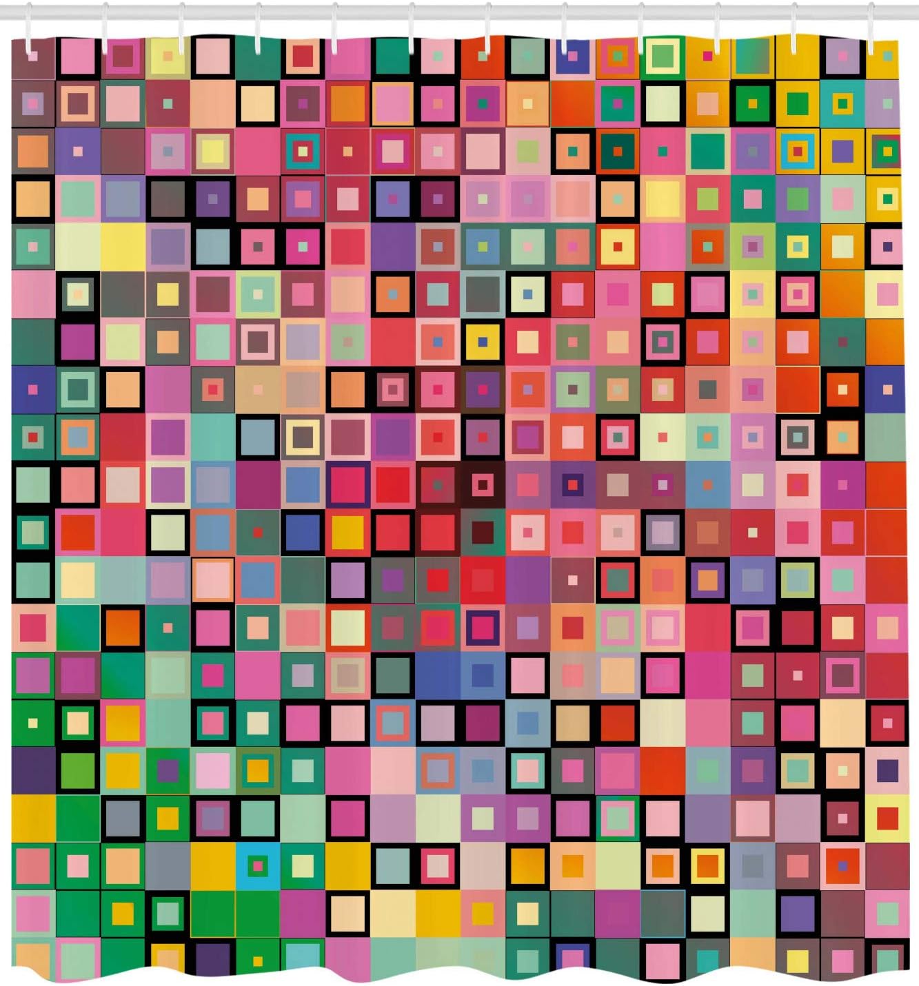 Ambesonne Modern Shower Curtain, Rainbow Like Colorful Design with Geometrical Details Squares with Dots Image Print, Cloth Fabric Bathroom Decor Set with Hooks, 69" W x 70" L, Multicolor Dark Coral