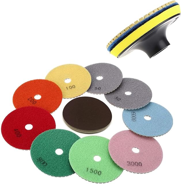 HLYCare (11-Pack) 4 inch Diamond Polishing Pads Set Wet/Dry Polishing Kit (50#-6000#) Grit Pads & Sanding Sponge Pad & (5/8-11)Hook and Loop Backer Pad for Granite Stone Concrete Marble Floor Polisher