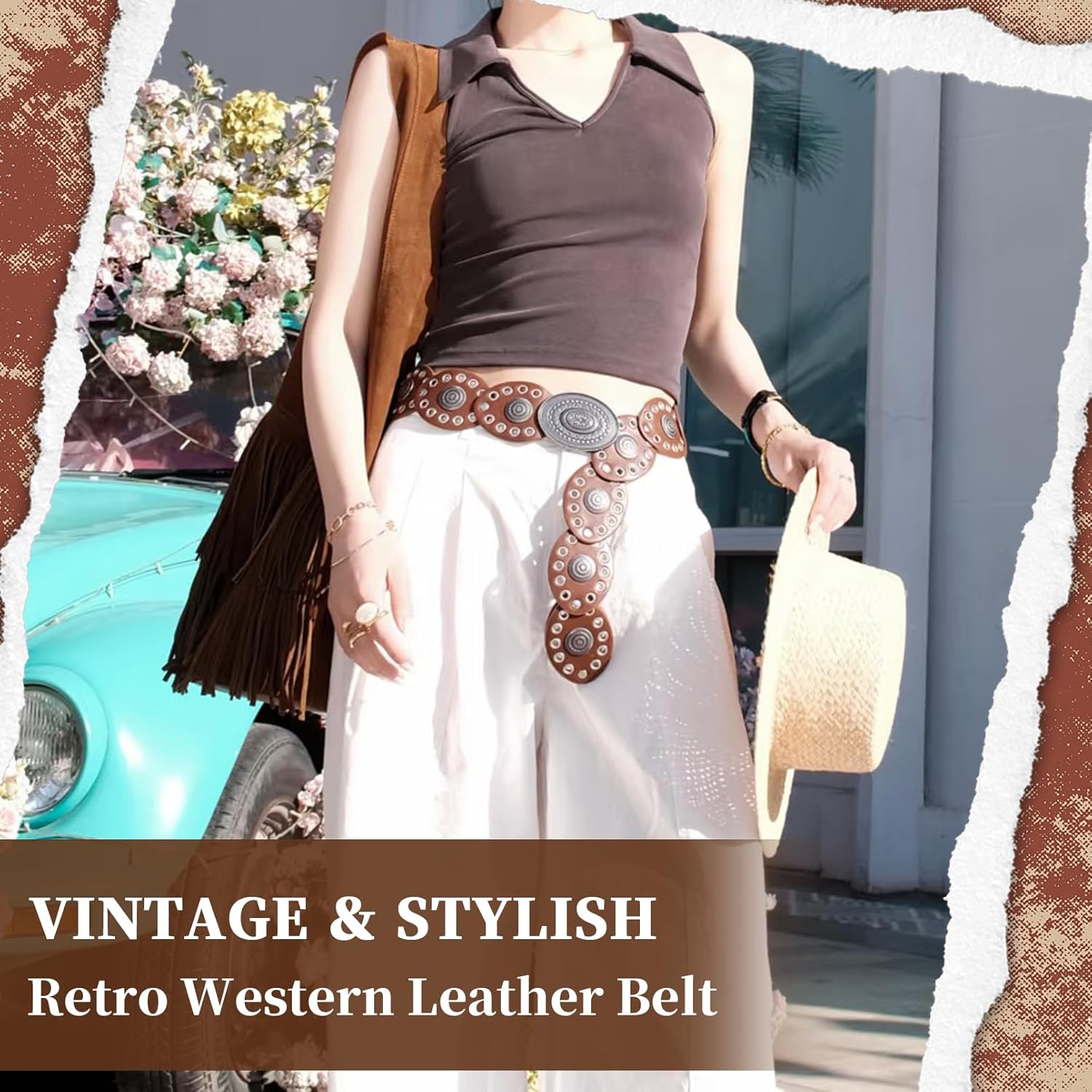 Disc Western Belt for Women–Stylish Chunky Cowgirl Belt with Metal Buckle,PU Leather,Perfect for Dresses & Jeans - Image 4