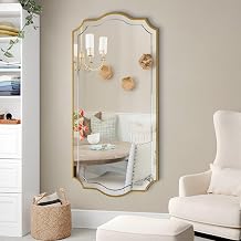 POZINO Gold Scalloped Mirror, 24"x47" Large Rectangle Aesthetic Wall Mirror with Wood Frame, Modern Elegant Wavy Mirrors for Living Room Bedroom Hallway Entryway, Horizontal or Vertical Hanging