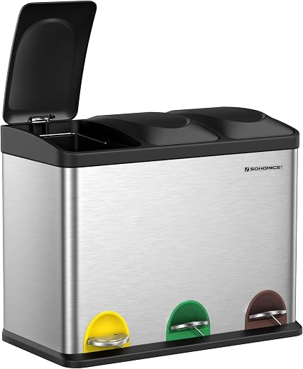 SONGMICS Cestino da Cucina, Pattumiera Tripla per Riciclaggio a Pedale, Metallico da 45 Litri, Raccolta Differenziata, 3 x 15L, con Coperchio, Acciaio, Argento Metallico e Nero Inchiostro LTB45L