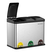 SONGMICS Cestino da Cucina, Pattumiera Tripla per Riciclaggio a Pedale, Metallico da 45 Litri, Raccolta Differenziata, 3 x 15L, con Coperchio, Acciaio, Argento Metallico e Nero Inchiostro LTB45L