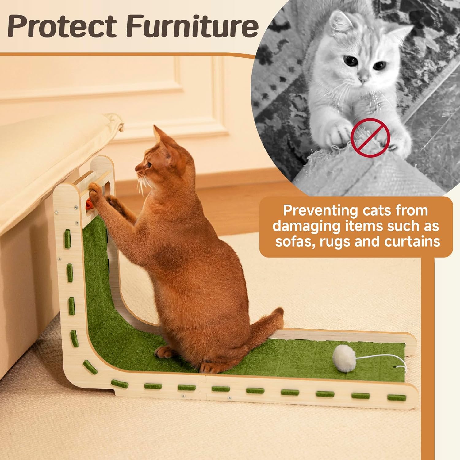 Cat Scratcher with Bell Ball Cat Scratch Pad L-Shaped Scratch Mat Vertical Cat Scratching Board for Indoor Cats Felt Cats Scratching Post Furniture Protector Kittens Cratchers Toys- Green