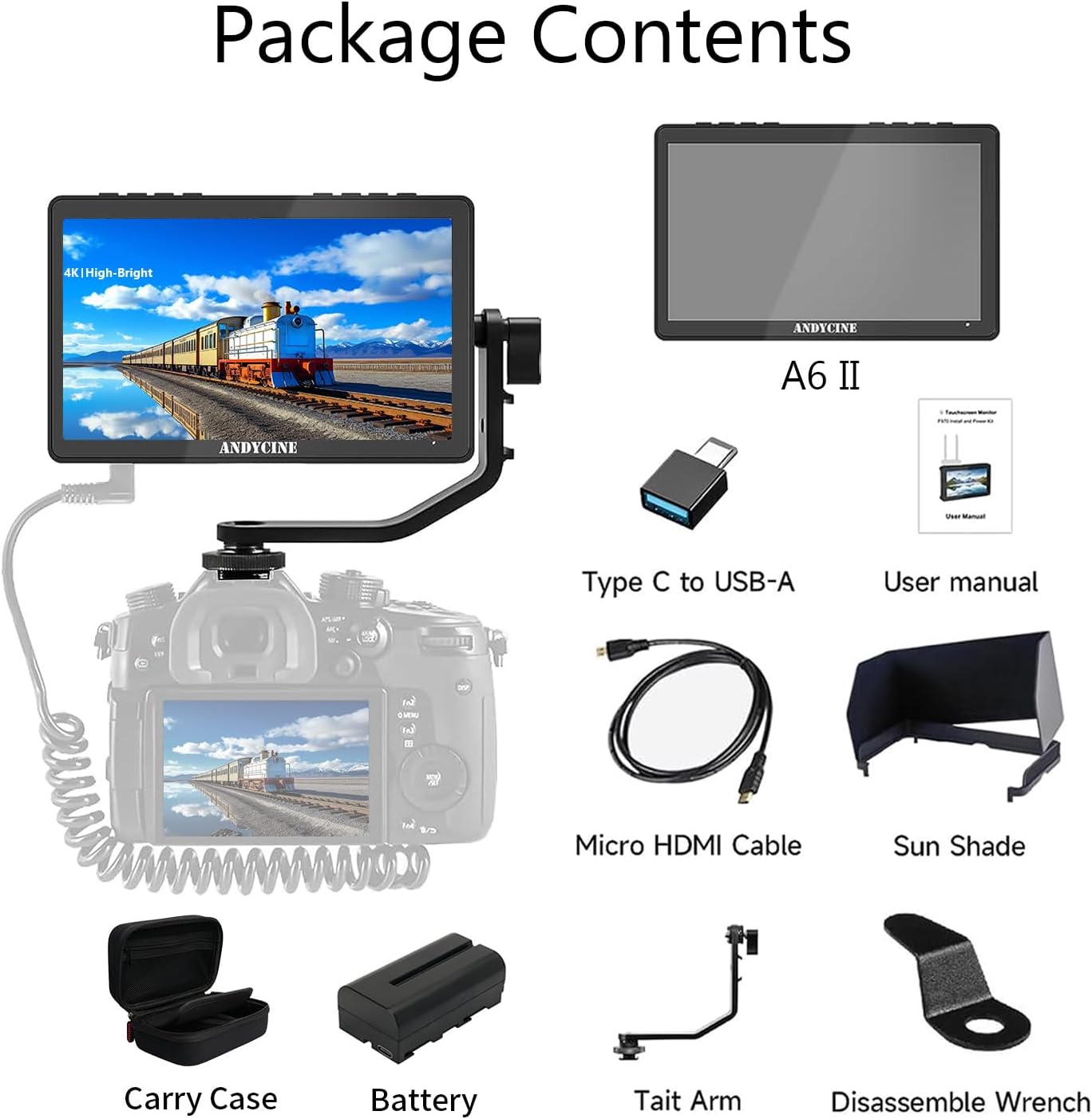 Contents of the ANDYCINE A6 II package laid out on a table
